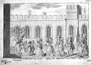 König George III. und Königin Charlotte gehen mit ihren vierzehn Kindern in Prozession, 1781
